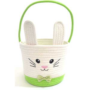 Easter Bunny Basket with Rabbit Ears Woven Cotton Rope Storage Bag for Easter Egg Hunt Large Foldable Home Organizer Indoor Outdoor Holiday Picnic Party Spring Decorations Green 2 Pack