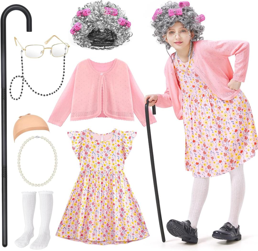 Jeowoqao Old Lady Costume for Kids100 Days of School Costume Girls Old Lady Granny Grandma Dress Up for Girls 5 6 7