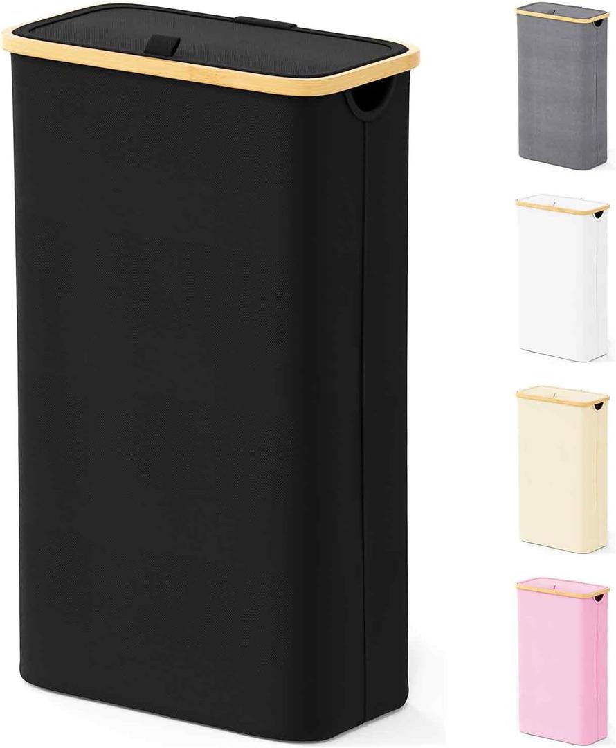 SpaceAid Slim Laundry Hamper with Lid, 65L Narrow Clothes Basket Bin with Bamboo Handles, Skinny Tall Collapsible Hamper for Bedroom, Bathroom, Dorm, Laundry Room - Black (65L Slim)