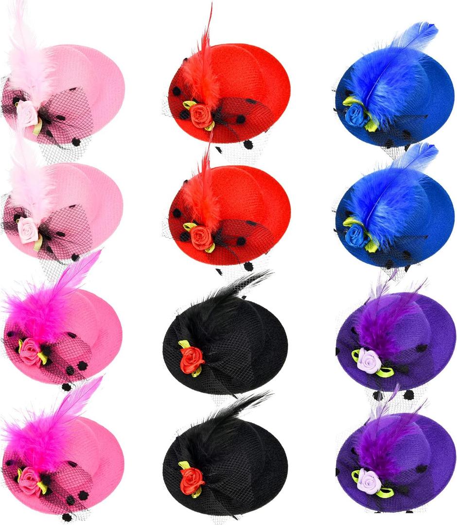 Patelai 12 Pieces Mini Tea Party Hats for Women Clip on Fascinator Hat Hair Clips with Ribbon Flowers Faux Feather Mesh Bow Barrette Hairpin for Girls Toddler Costume Accessory