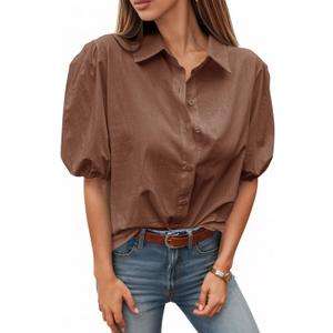 Tankaneo Women's Button Down Shirts Short Puff Sleeve Collared Dressy Casual Blouse Tops (Large, Coffee)