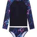 Tziharora Girls Swimsuit Size 6-7 Years Old Black Lightning Print Two Piece Long Sleeve Rash Guard Bathing Suits (Black, S)