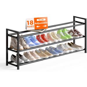 Bumusty 3-Tier Long Expandable Shoe Rack for Closet, 18"-44" Adjustable Shoe Rack for Entryway, 15-18 Pairs Large Shoe Organizer Shelf Storage, Sturdy Metal, Black