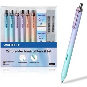 WRITECH Up Mechanical Pencil Set: 6ct Gradient Barrel 0.7mm Mechanical Pencils with 4 Tubes of HB Lead Refills and 2 Extra Erasers for Writing Drawing Sketching Drafting