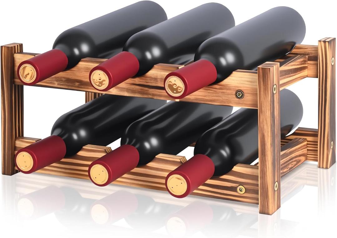 6-Bottle Wooden Wine Rack 2-Tier Tabletop Countertop Space-Saving Wine Holder with Screwdriver Included, Easy Assembly Wine Storage Shelf for Kitchen, Bar, Pantry & Home Decor