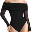 MANGOPOP Women's Off The Shoulder Long Sleeve Bodysuit Sexy Sheer Mesh Top Double Lined Body Suits Fall Outfit 2025 Size XL