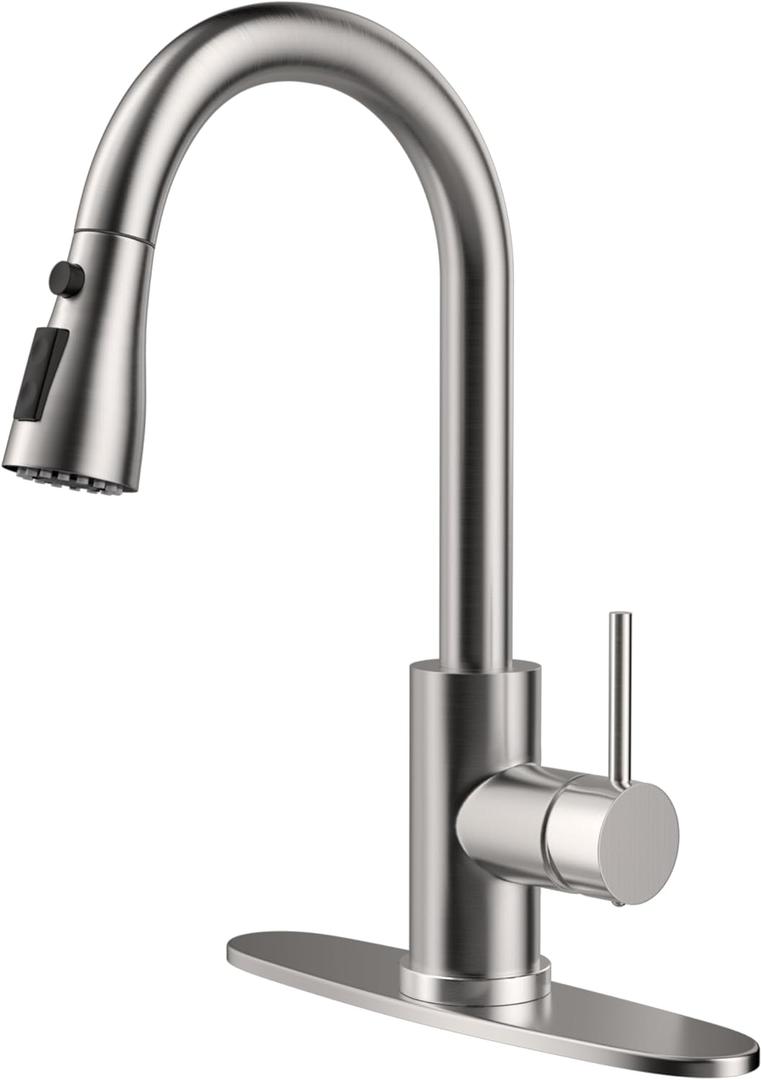 HANGE Kitchen Faucet with Pull Down Sprayer, Brushed Nickel Kitchen Sink Faucet 1-3 Hole Single Handle High Arc Stainless Steel Commercial Modern Kitchen Faucets for RV, Laundry, Bar, Utility, Farmhouse
