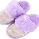 BESSIVIC Girls Fluffy Sequin House Slippers, Cute Kids Faux Fur Fuzzy Indoor Outdoor Memory Foam Shoes for Little Girls Purple US 12-13