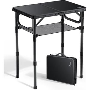 Anbte Folding Camping Table with Storage Net, Pure Black Aluminum 2ft Picnic Table 23.2" x 16" Outdoor Table Adjustable Height Max 27.5", Lightweight, Waterproof, Portable Handle for Travel Cooking