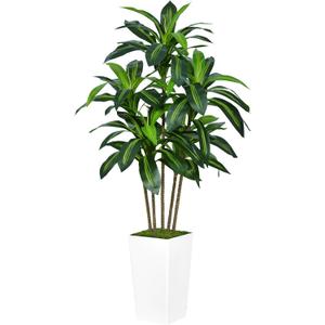 Artificial Dracaena Tree 5FT - Faux Tree with White Tall Planter - Fake Tropical Yucca Floor Plant in Pot - Artificial Silk Tree for Home Office Living Room Decor Indoor
