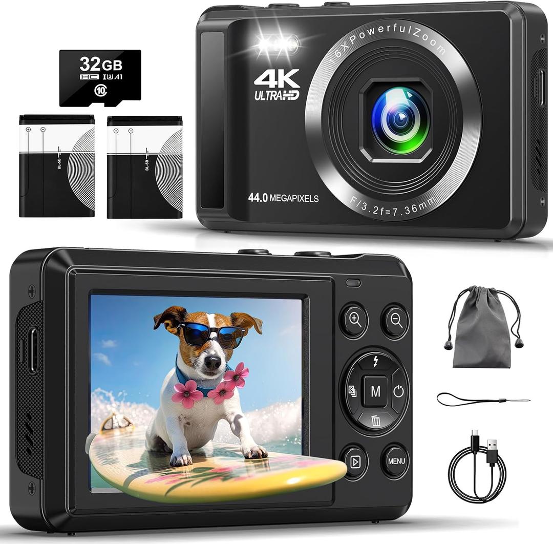 Digital Camera - 4K 44MP UHD Digital Cameras for Photography - Autofocus Point and Shoot Vlogging Camera with 16X Zoom, 32GB SD Card, 2 Batteries - Compact Small Cameras for Kids Teens Boys Girls