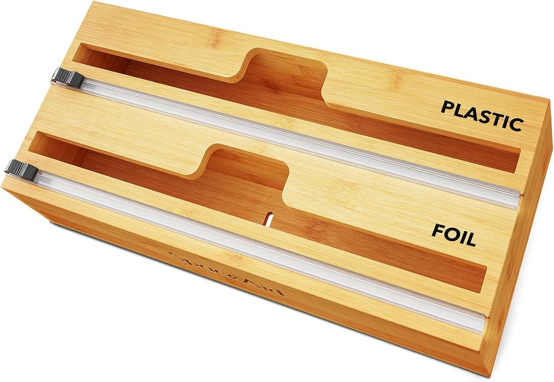 SpaceAid WrapNeat 2 in 1 Wrap Organizer with Cutter and Labels, Plastic Wrap, Aluminum Foil and Wax Bamboo Dispenser for Kitchen Storage Organization Holder for 12" Roll (Natural) (2-Slot, 3"Tall)