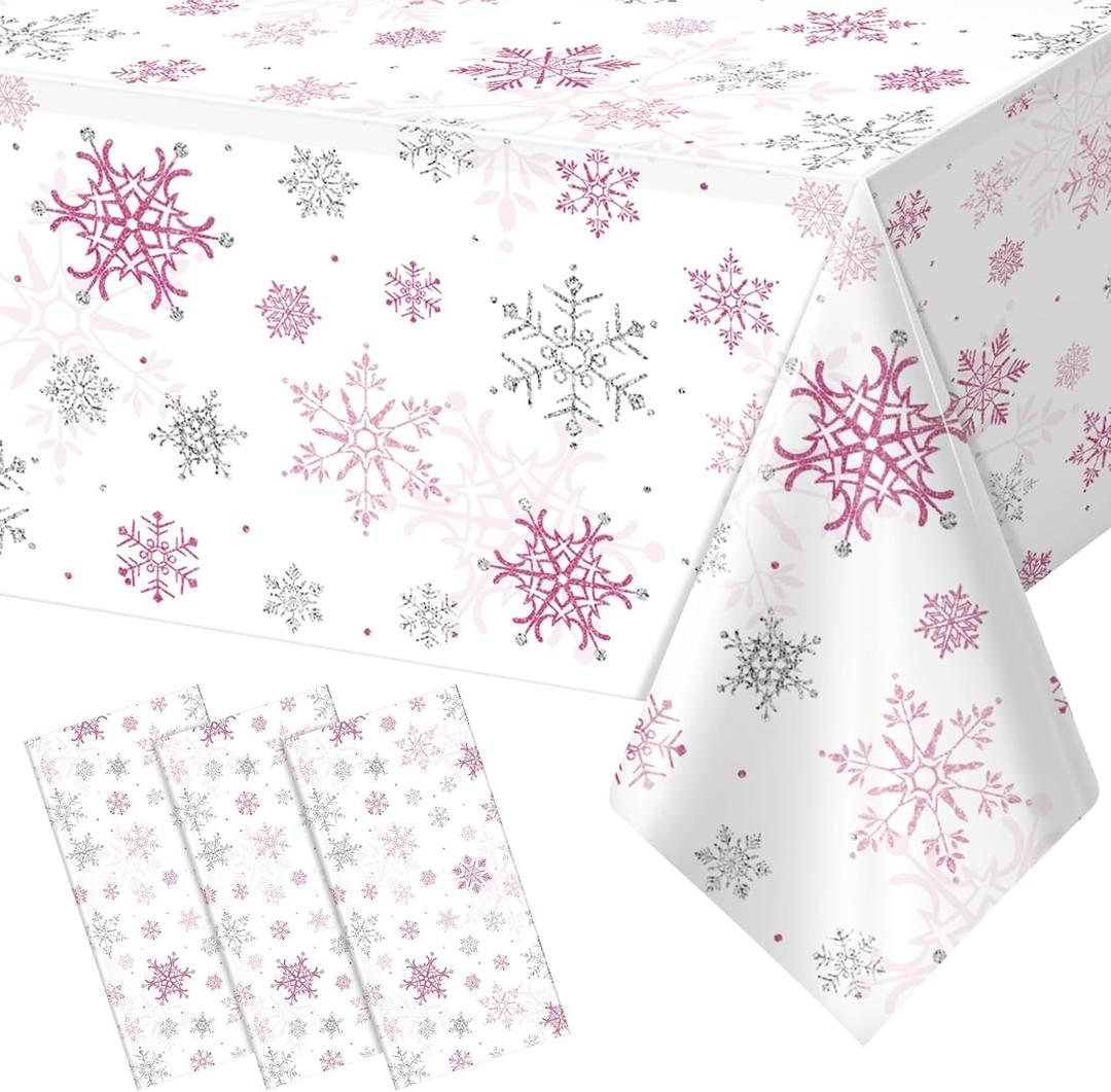3 Pcs Christmas Snowflake Party Tablecloths Decorations,Plastic Pink Winter Onederland Rectangle Table Cover for Christmas New Year Girls 1st Birthday Baby Shower Holiday Party Decorations,54x108 inch