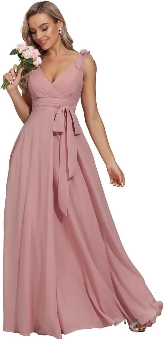 V Neck Bridesmaid Dresses for Women Dusty Rose Chiffon with Belt Pleated Wedding Guest Dresses Evening Formal Dress, R127 Size 6