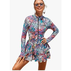 FYMNSI Women's Modest Rash Guard One Piece Swimsuit Zipper Long Sleeve Swim Dress with Shorts Bathing Suit Athletic Swimskirt L