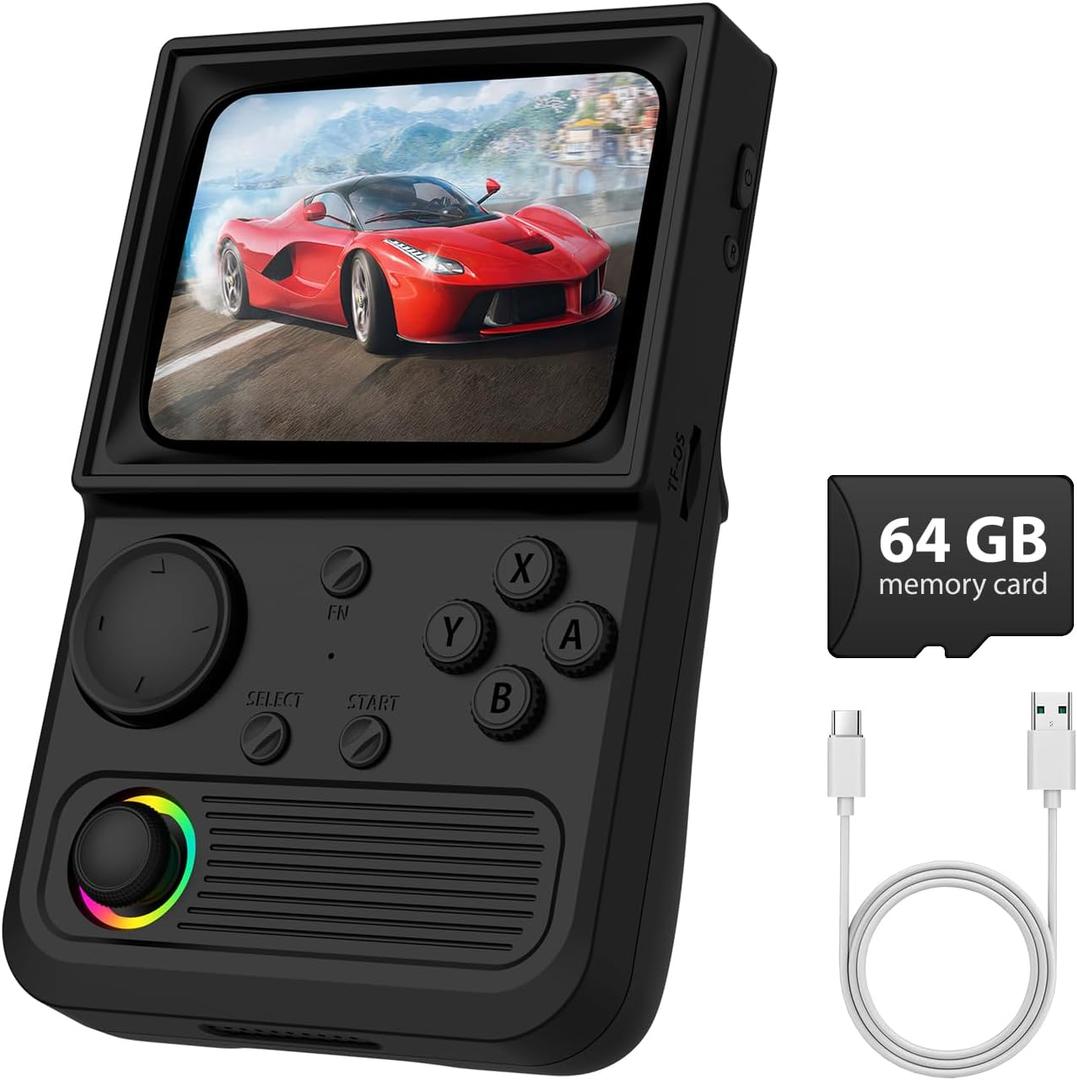 R36T Retro Gaming Console, 3.5'' IPS Screen CRT-Inspired, Handheld Game Console with 18000+ Classic Games Supports WiFi Networked Fighting and OTG, 3500mAh Battery, with Portable Case(Black 64GB)