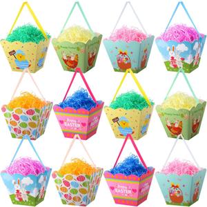 Zonon 12 Sets Small Easter Baskets Paper Easter Treat Boxes with Handle Mini Collapsible Gift Baskets with Grass Fill Happy Eggs Boxes Bunny Printed Theme Party Favor Bags