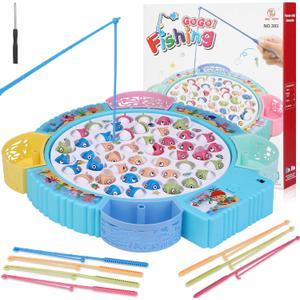 Pakoo Magnetic Fishing Game Toys, Rotating Board Game with Music Including 45 Fishes and 8 Fishing Poles, Christmas Party Game Toys for Kids Age 3 4 5 6 7 and Up