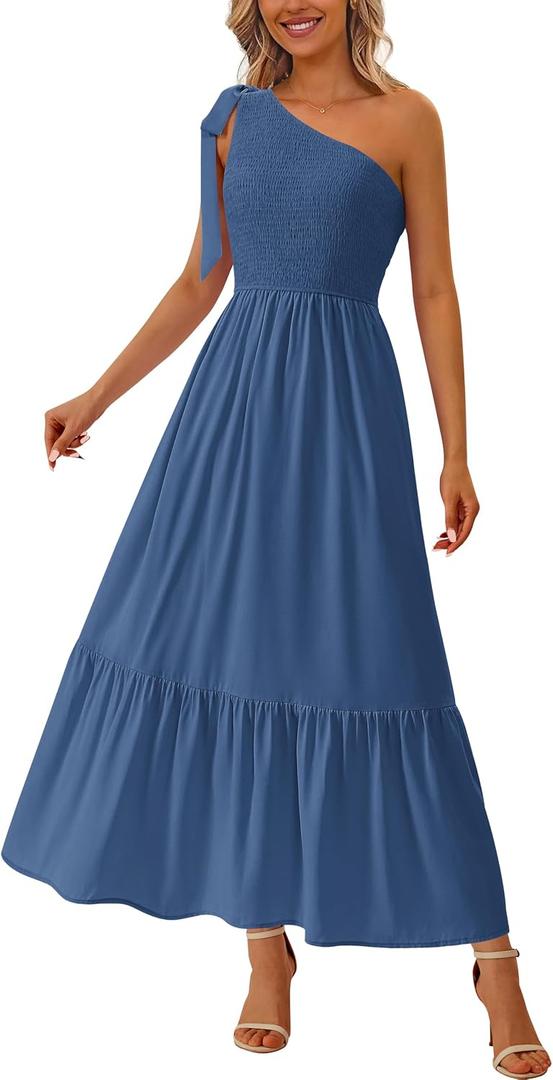PRETTYGARDEN Womens One Shoulder Summer Maxi Dress Smocked Flowy Boho Beach Long Sundress Sleeveless Wedding Guest Dresses (Blue, L)