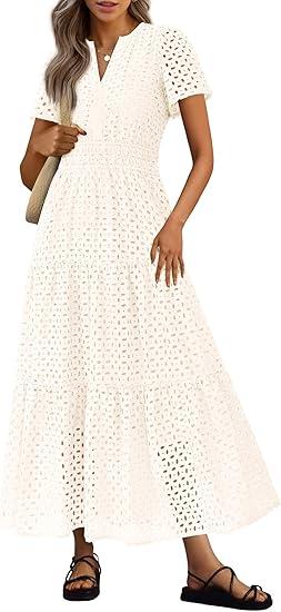 PRETTYGARDEN Womens 2025 Summer Maxi Dress Short Sleeve V Neck Hollow Out Eyelet A Line Long Flowy Beach Vacation Dresses (White)
