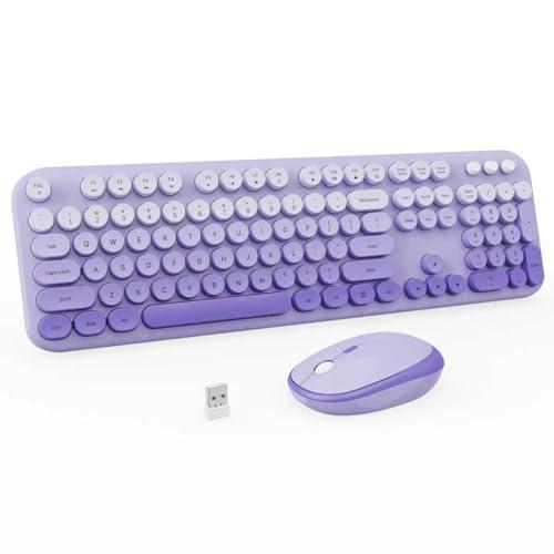 Wireless Keyboard and Mouse Combo, 2.4GHZ Typewriter Retro Full Size Keyboards, Cute Colorful Computer Keyboard and Wireless Mouse for Laptop/Desktop/Windows/PC (Purple Gradient)