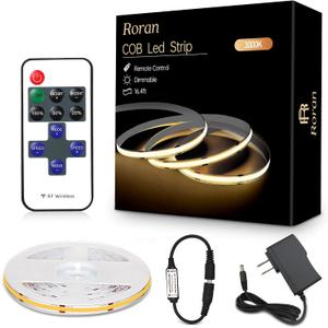 White Cob LED Strip Lights with Remote, Warm Lighting, Rope Lights Indoor, Cuttable Led Light Strips for Mirrors, Shelves, Cabinets, Living Room, Bedroom, 16.4ft 3000K Dimmable