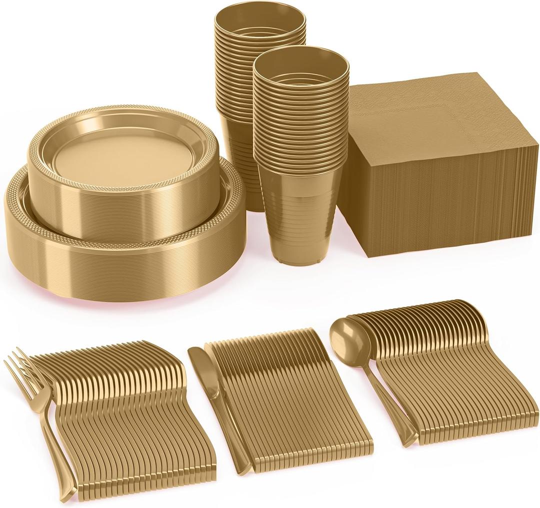 350 Pcs Gold Plastic Plates For Party, Gold Disposable Plates Set, 50 Of Each 9" Dinner Plate Set, 7" Dessert Plate, Cups, Napkins & Cutlery Plastic Dinnerware Set Exquisite