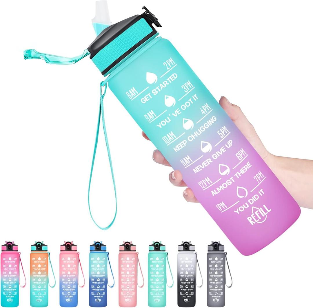 Hyeta 32 oz Water Bottles with Times to Drink and Straw, Motivational Water Bottle with Time Marker, Leakproof, Drinking Sports Water Bottle for Fitness, Gym and Outdoor (Green-Purple)