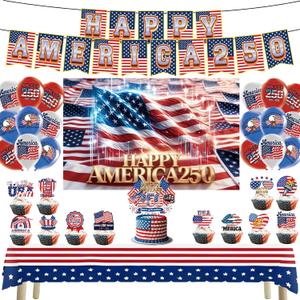 2 x America 250th Anniversary Party Decoration Kit, July 4th Decorations, Patriotic Banners, Balloons, Tablecloth, Cake Toppers, and Backdrop, 1776-2026 USA 250th Birthday