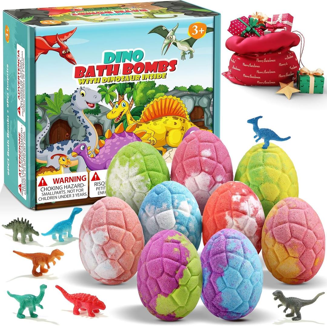 Qivatex Bath Bombs for Kids with Dinosaur Toys Inside, 9 Pack Natural Organic Dinosaur Bath Bombs Bubble Bath Gift Set, Birthday Mothers Day Gifts for Kids