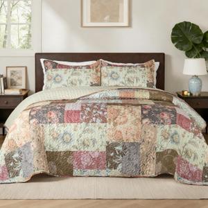 Whale Flotilla Patchwork Quilt Twin Size, Soft Boho Floral Bedspreads for Bed Reversible Lightweight Twin Quilt Bedding Set Coverlets with 1 Pillow Sham for All Seasons, Vintage Red Flowers