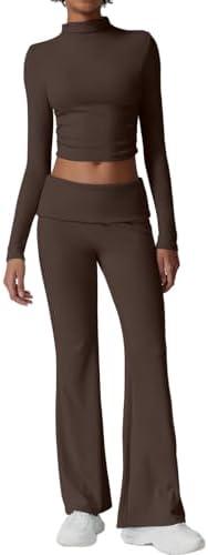 QINSEN Womens 2 Piece Lounge Sets Mock Neck Long Sleeve Tops with Side Ruched Fold Over Flare Pants Comfy Tracksuits, M