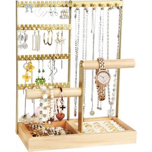 Jewelry Organizer Stand Gold, 4-Tier Necklace Earring Holder Organizer with Tray, Jewelry Holder Organizer for Rings Earrings Necklaces Bracelets, Gold Jewelry Stand