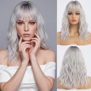 simkaylee Silver Wigs for Women Long Ombre Grey Wavy Wig with Bangs Dark Roots Synthetic Hair Wig Medium Middle Length Wig Water Wave Gray Colorful Wigs for Daily Party Cosplay Costume Use (16 inch)