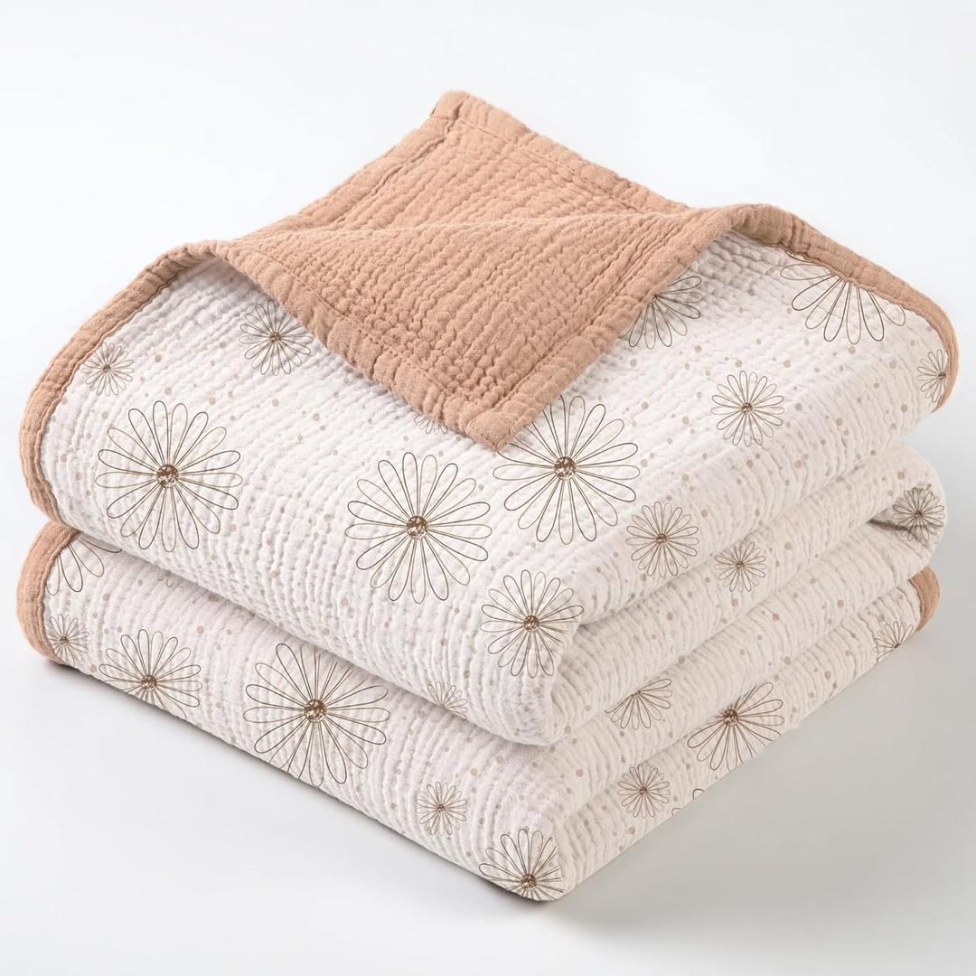 lulumoon Muslin Baby Blanket for Girls - Soft Cotton for Newborn - 4 Layer Reversible Breathable Floral Receiving Blanket for Nursery Crib and Stroller 47"x47" (Pink Daisy)