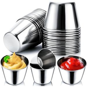 30 Pack Metal Sauce Cups, 2.5 OZ & 1.5 OZ Stainless Steel Ramekin Condiment Dishes, Reusable Dipping Sauce Cup, Small Individual Portion Cups, Commercial Grade Sushi Dipping Bowl Appetizer Plates