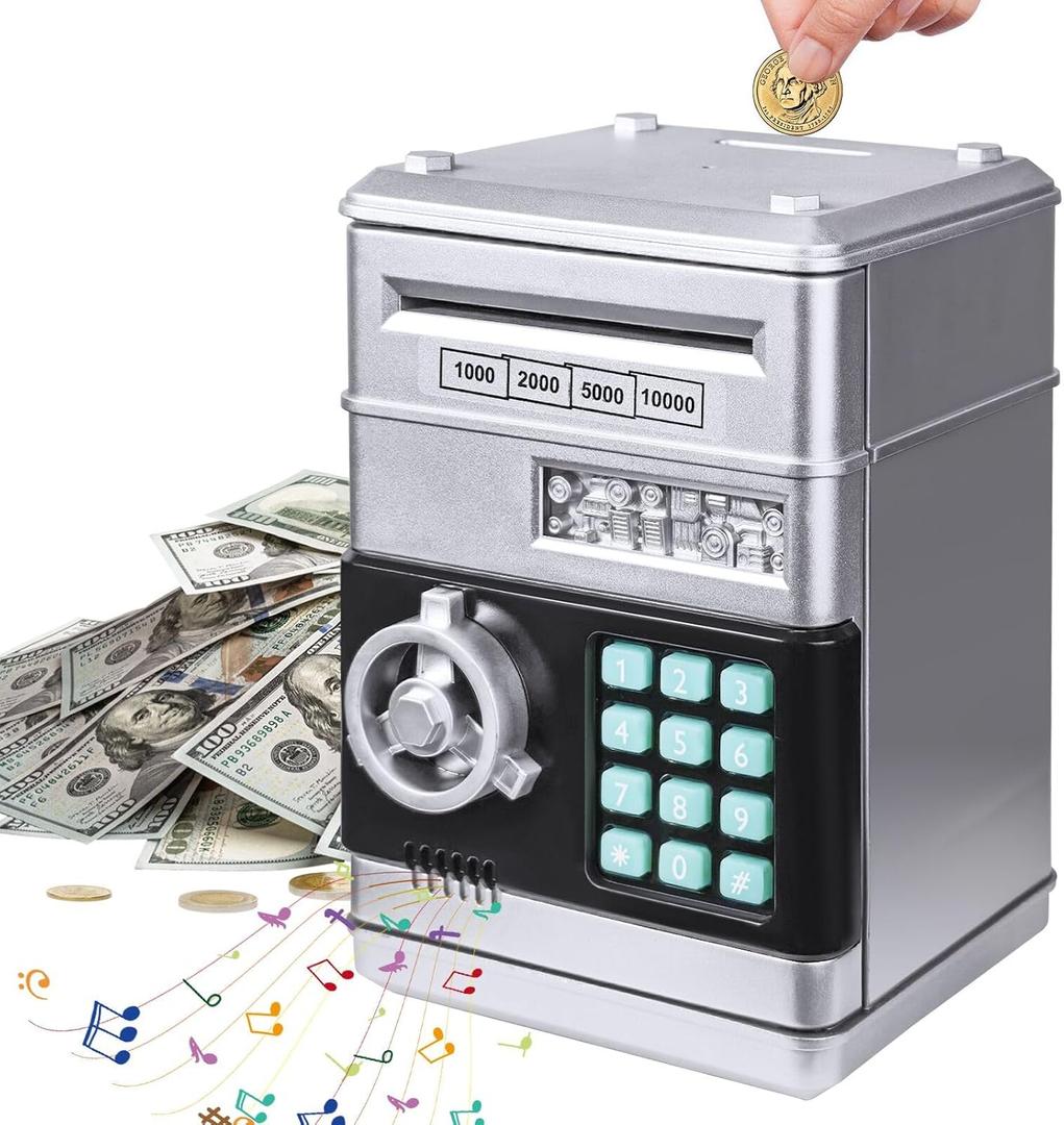 Piggy Bank for Boys Girls, Electronic Money Saving Box Cash Coin Can ATM Bank for Boys Girl Age 3 4 5 6 7 8 9 10 11 12 Birthday Toys Gifts (Silver)