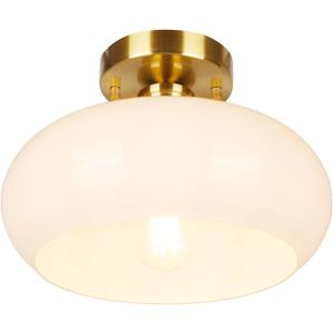 Gold Semi Flush Mount Ceiling Light Mid-Century Vintage Hallway Light Fixtures with Milk Glass Shade Schoolhouse Style Brass for Entryway Kitchen Bedroom Foyer Bathroom, 10.7 Inch