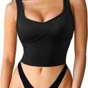 SUUKSESS Women Sweetheart Neckline Longline Sports Bra Padded Basic Workout Crop Tank Top (Large, All Black)