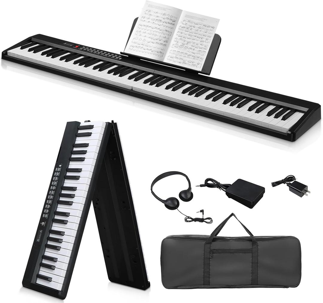 Ktaxon Foldable Piano Keyboard 88 Key Electronic Keyboard Piano with A Portable Bag, Professional Pedal, Stereo Headphones and Smart MIDI Bluetooth Function(Black)