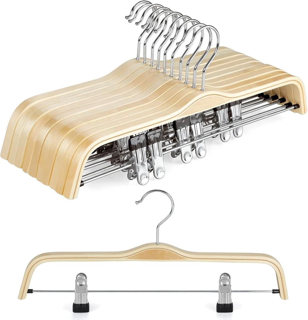 TOPIA HANGER Wooden Pants Hangers,Slim Natural Wood Skirt Hangers with Anti-Rust Hook and Adjustable Metal Clips, Perfect for Skirts, Pants, Slacks-10 Pack-CT17N