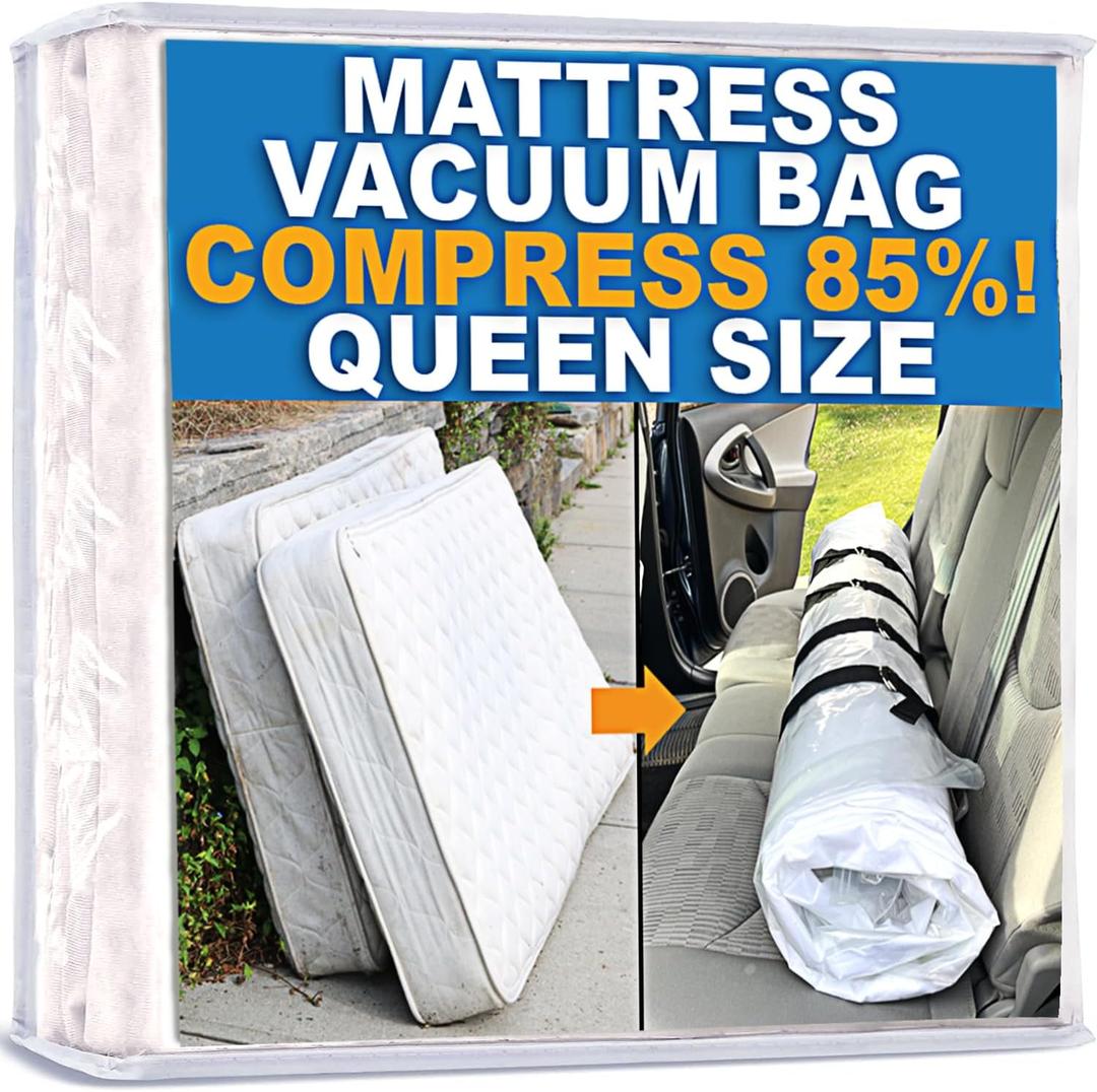 Mattress Vacuum Bag for Moving, Vacuum Seal Mattress Bag for Memory Foam or Inner Spring Mattresses, Compression and Storage for Returns, Leakproof Valve and Double Zip Seal (Queen/Full/Full-XL) (Clear)