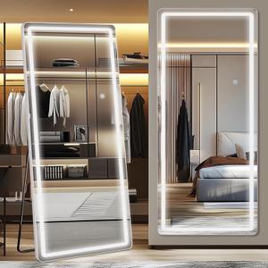 Antok LED Full Length Mirror, 71" x 32" Lighted Floor Standing Mirror with Stand for Bedroom (Rectangular) (White)