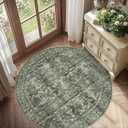 5ft Green Round Washable Area Rug for Living Room Vintage Boho Non Slip Circle 5x5 Rug Distressed Floral Carpet Indoor Retro Soft Low Pile Farmhouse Throw Rug for Bedroom Nursery Office