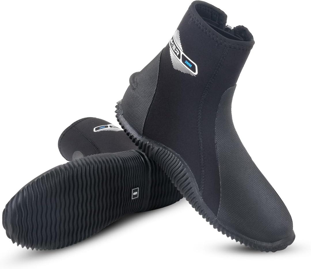 XUKER Neoprene Diving Wetsuit Boots 3mm 5mm Zipped Adult Unisex Water Boots Glued Blind Stitched with Anti-Slip Rubber Sole for Water Sports (Men 5 | Women 6, 3mm Black)