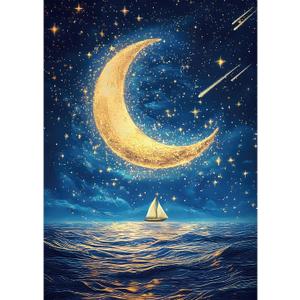 Ocean Puzzle 1000 Pieces-Starlit Voyage, Starry Night Puzzle 1000 Pieces, Moon Puzzles for Adults, Difficult Jigsaw Puzzle for Families, Finished Size 19.69 * 27.56", with 1:1 Poster