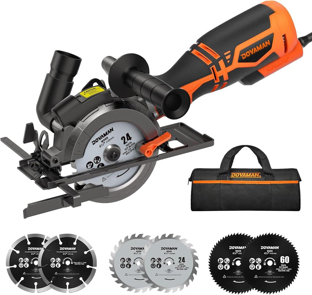 DOVAMAN Circular Saw, 5.8A 4-1/2" Circular Saw w/Laser, Metal Auxiliary Handle, 6 Blades (4", 4"), Cutting Depth 1-11/16" (90), 1-3/8" (45), Ideal for Wood, Soft Metal, Plastic, Tile - MCS01A