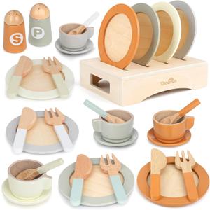 Wooden Play Dishes and Plates for Kids Kitchen Set, 27 PCS Wooden Play Kitchen Accessories, Kitchen Toy for Toddlers Boys Girls 3 4 5 6