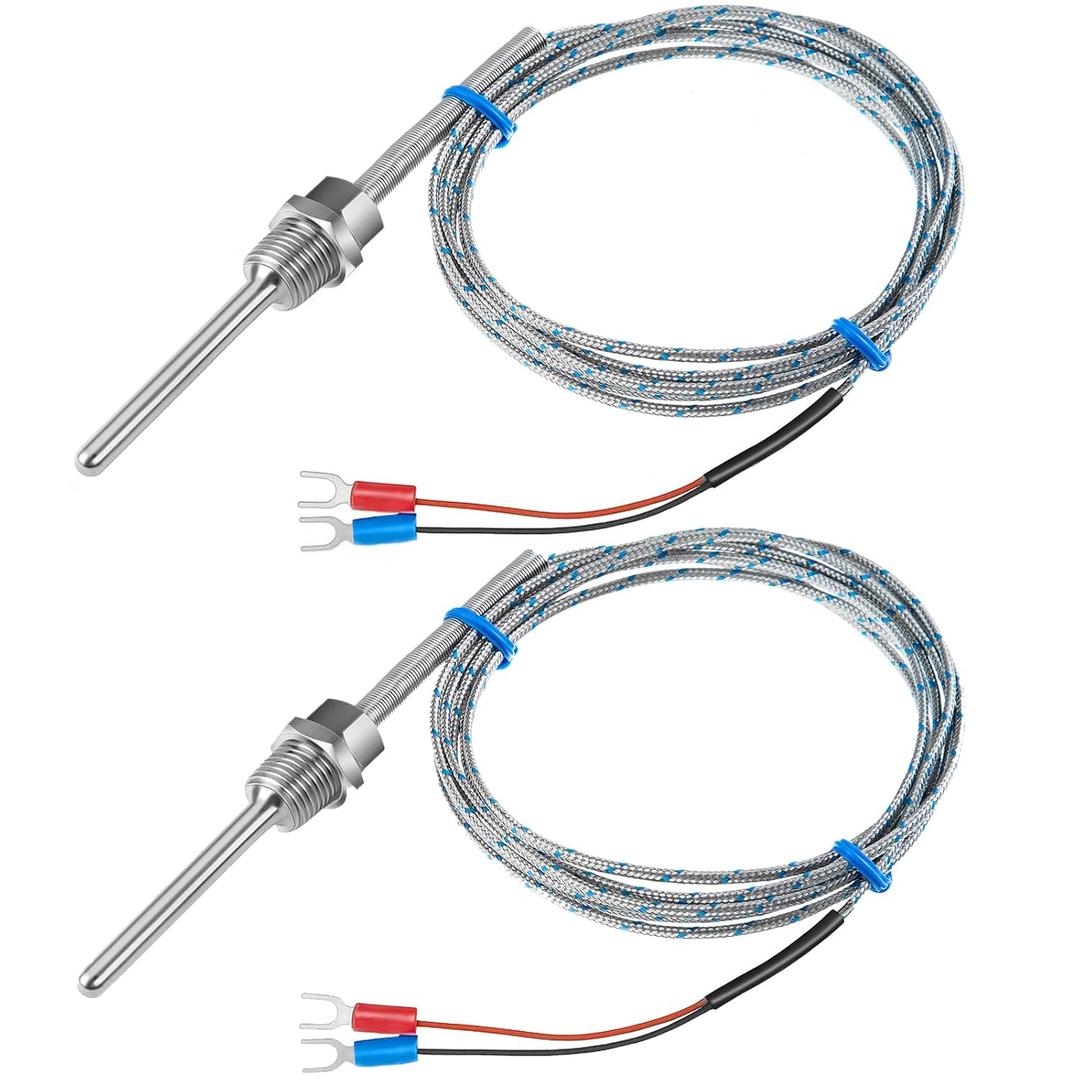 Copkim 2 Pcs K-Type Thermocouple Sensor, 0-600 High Temp Probe 5 x 50 mm, NPT 1/4" Stainless Steel Probe with 2M/6.6Ft Insulated Lead Wire for Temperature Controller
