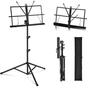MOSEN Folding Music Stand 2-in-1 Dual-Use & Desktop Book Stand Lightweight Adjustable Metal Sheet Music Stand, Portable Desktop Stand with Carrying Bag, 1 Pack, Black